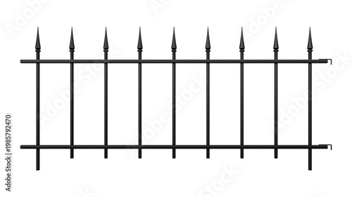Foto Black metal fence section with sharp spear finials isolated on transparent grid for architecture design work
