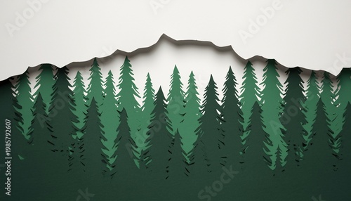 Nature scene with a mountain silhouette behind a dense forest of pine trees, a paper-cutout style illustration