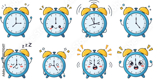 Cute Blue Cartoon Alarm Clock Character Set with Various Funny Facial Expressions Sleeping Ringing and Surprised Vector Illustration