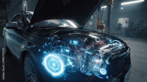 augmented reality interface projecting engine diagnostics over a car engine, futuristic garage, cinematic lighting, photorealistic, highly detailed
