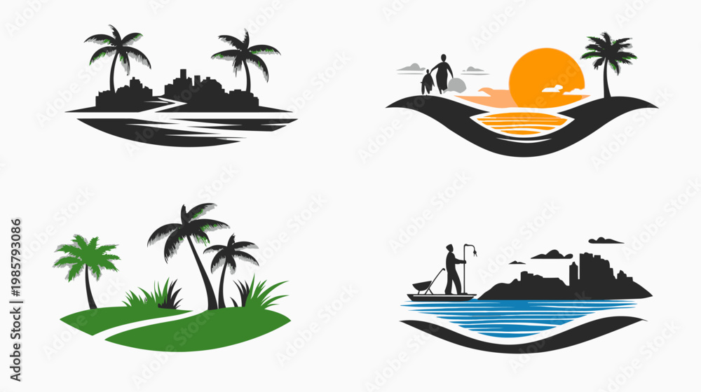 Fototapeta premium Four stylized illustrations depicting palm trees, landscapes, and people on a white background