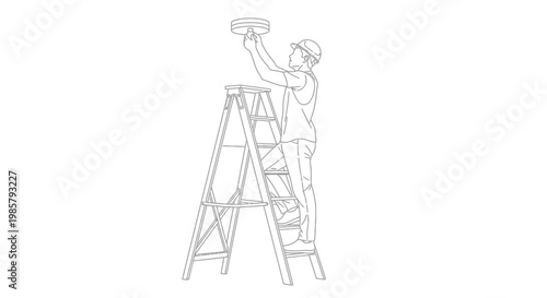 A worker on a ladder installing or repairing a ceiling light fixture