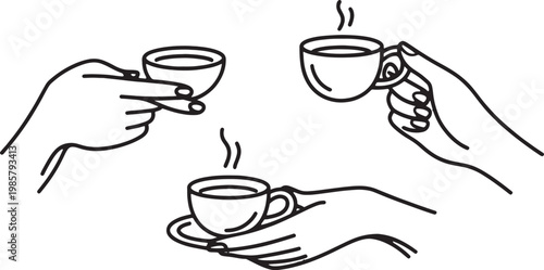 monoline vector set of hands holding coffee cups, minimalist tea and espresso serving gesture illustration isolated on white background