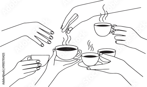 monoline vector set of hands holding coffee cups, minimalist tea and espresso serving gesture illustration isolated on white background