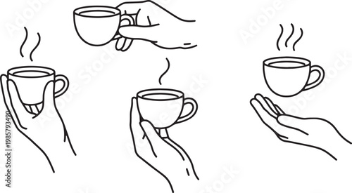 Modern black line art vector of hands holding hot coffee cups, minimalist tea and espresso social gathering illustration isolated on white background
