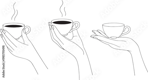 monoline vector set of hands holding coffee cups, minimalist tea and espresso serving gesture illustration isolated on white background