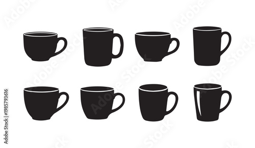 Collection of black ceramic coffee mugs in a simple white background graphic design