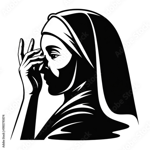 Black and white vector illustration of a nun profile, silhouette of religious woman in traditional habit
