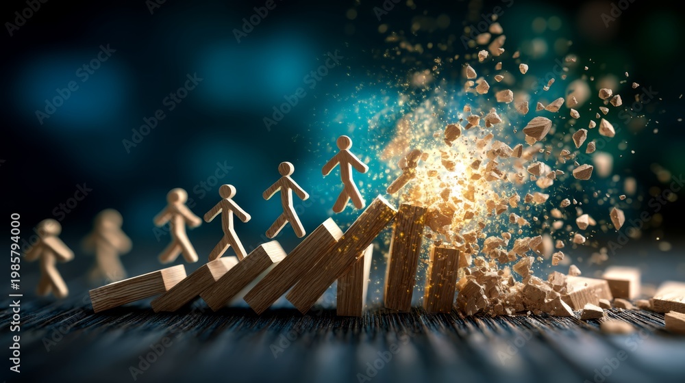 Obraz premium risk management, SEO, uncertainty, Determined wooden figures escaping collapsing block network, recovery concept with copy space for text overlay