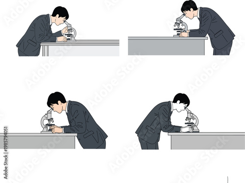 Professional scientist in suit using a microscope for medical research and laboratory analysis in a corporate science vector illustration