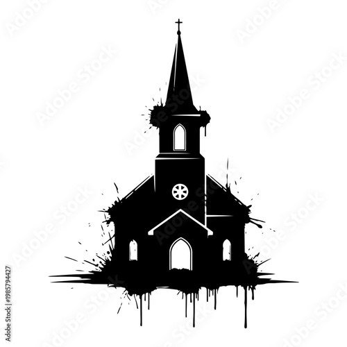 Church building with steeple and cross in paint splatter ink style