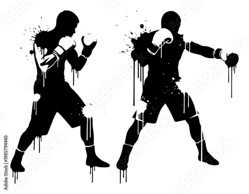 Two boxers fighting in a match with ink splatter and grunge style