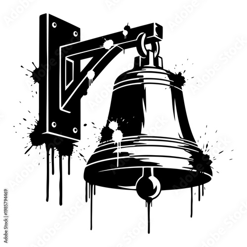 Boxing ring bell on wall bracket with paint splatters and drips in urban grunge style