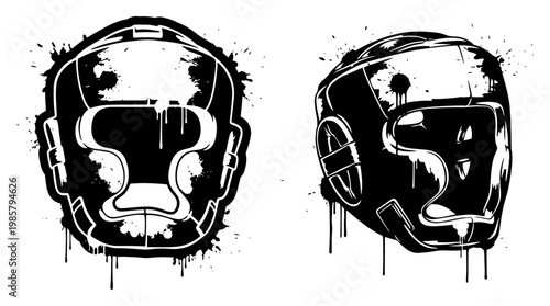 Boxing headgear and sparring helmet protection with ink splatters in grunge style