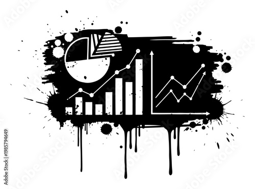 Business data charts and financial graphs with paint splatters in urban grunge style
