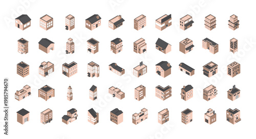 Isometric building icons set with various architectural designs and styles.