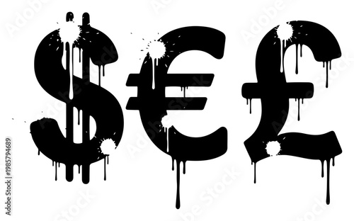 Currency symbols for dollar euro and pound with paint drips in urban grunge style