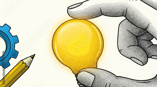 Trendy Halftone Collage One Hand holds glowing lightbulb. Creative mind, brainstorm or innovation. Create creative idea concept. Business solutions. Think outside box. Contemporary vector art.