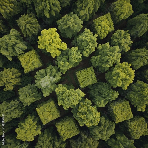 Aerial view of a forest with a mix of natural and manicured trees, highlighting the contrast between wild growth and structured landscaping