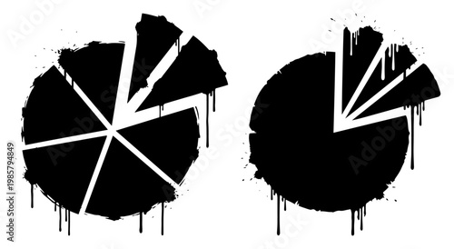 Pie chart data visualization icons in ink splatter and drip style