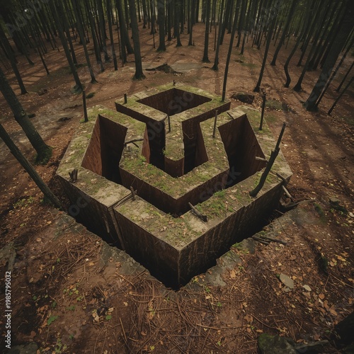 An ancient, enigmatic geometric labyrinth of weathered stone and moss, nestled deep within a dense, silent forest, creating a captivating scene of natural reclamation and mystery