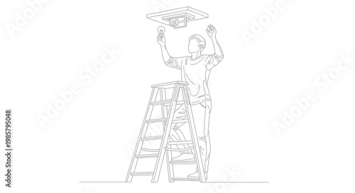 Man on a ladder changing a lightbulb in a ceiling fixture