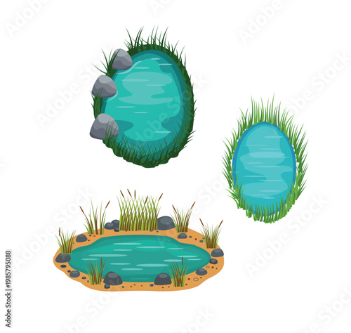 Set of cartoon ponds with grass, rocks, and reeds