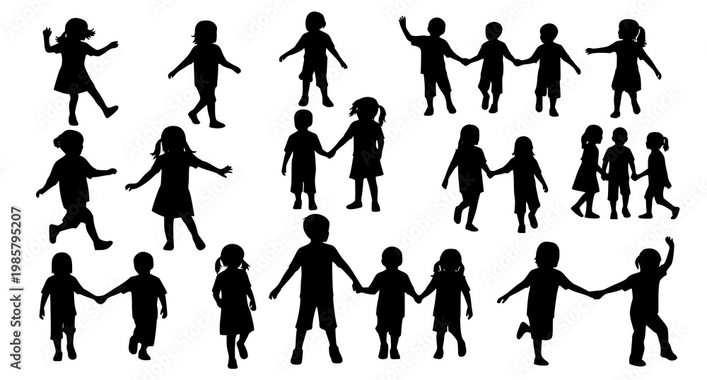 Fototapeta premium Kids silhouette collection with playful children poses in modern vector design isolated on white