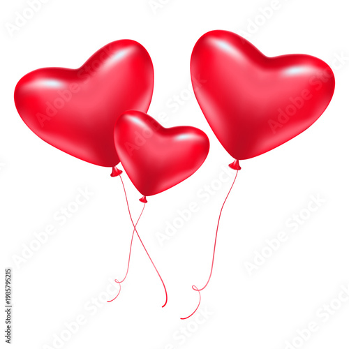 Three glossy red heart shaped balloons floating together isolated on a clean white background for romantic design