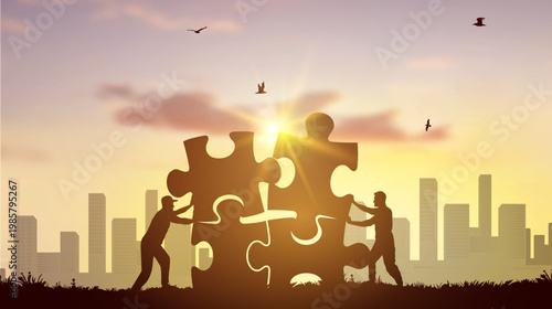 Foto Silhouette two men pushing to connect jigsaw puzzle with sunlight and bright sky, view of the city