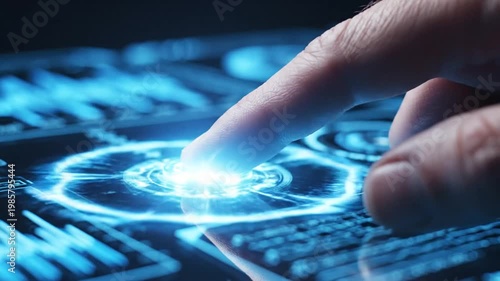 Finger interacting with futuristic digital interface.