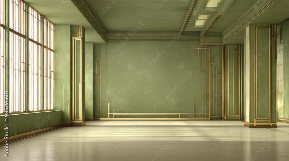 Obraz premium Empty art deco room in olive green tones, subtle gold lines, soft natural light, balanced composition, high detail, calm luxury interior