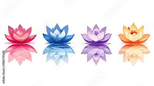 Four watercolor lotus flowers in pink, blue, purple, and orange reflect in tranquil water