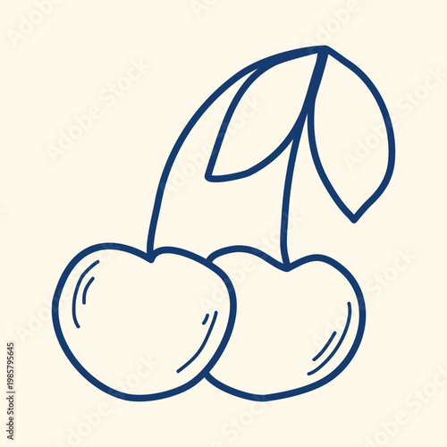 Pair of cherries with leaves, doodle style. Hand drawn blue ink berries, clip art. Healthy organic food, vector graphics
