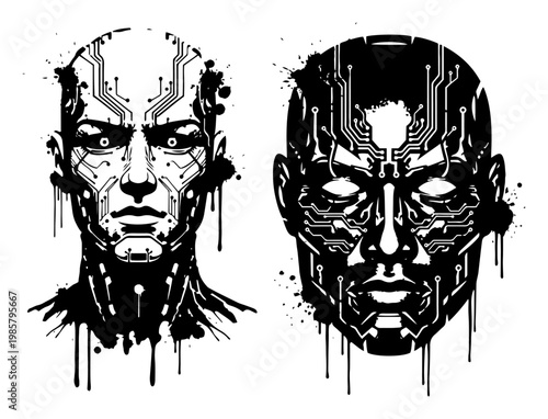 Robotic humanoid heads with circuit patterns and paint drips in urban street art style