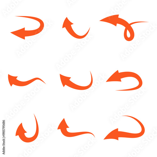 Set of Nine Orange Decorative Curved and Wavy Arrows Icons Isolated on White Background for Web Design and Graphics