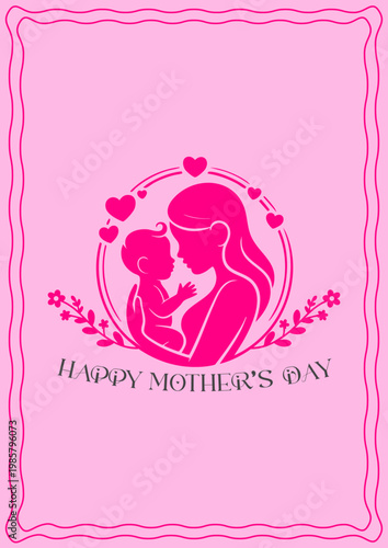 Stylish Mothers Day Mom And Baby Vector Illustration, Heartwarming Motherhood Love Greeting Card Design, Floral Mothers Day Frame With Cute Baby Silhouette, Minimal Elegant Mothers Day Poster With Hea