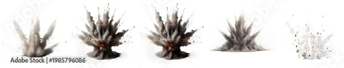 Tableau sur toile Set of Ground Explosions and Dirt Blasts Isolated on White Background PNG: Realistic Smoke, Dust, and Debris FX Collection for Game Design, VFX, and Action Scene Compositing