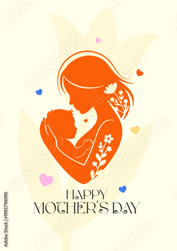 Happy Mothers Day Mother And Baby Silhouette Design, Cute Mom And Baby Love Illustration For Mothers Day, Elegant Mothers Day Greeting Card With Floral Style, Modern Minimal Motherhood Vector With Hea