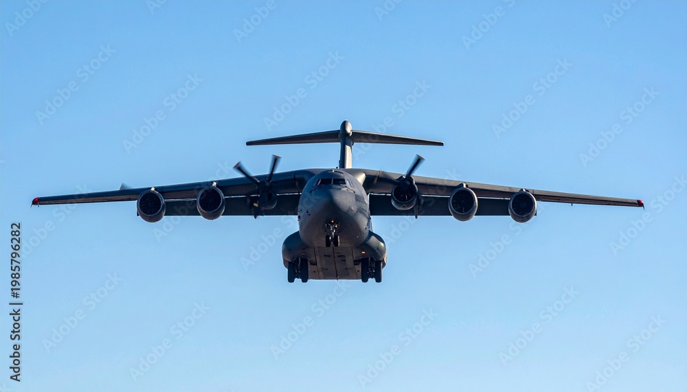 Fototapeta premium A massive military cargo aircraft flying forward against a clear blue sky, symbolizing power, engineering, and heavy-lift aviation.