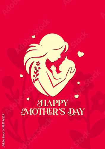 Happy Mother’s Day red floral mother and baby illustration, Beautiful motherhood love silhouette greeting card design, Elegant mom and baby bond with hearts and flowers, Modern happy mothers day love 