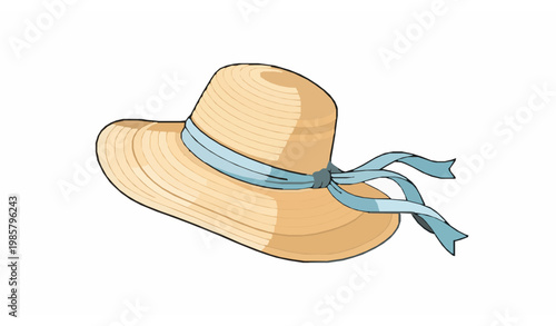 Minimal straw sun hat with blue ribbon flat vector isolated on white background summer beach fashion icon