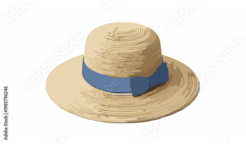 Elegant straw sun hat with blue ribbon vector isolated on white background summer fashion beach accessory
