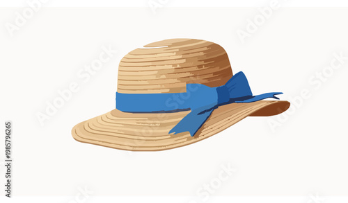 Realistic 3D straw sun hat with blue ribbon vector isolated on white background summer beach fashion accessory