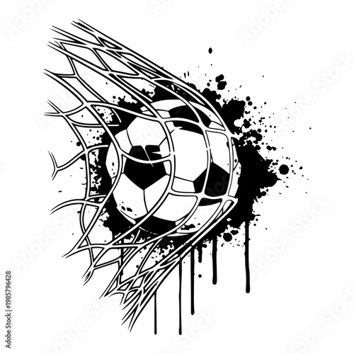 Soccer ball hitting goal net with ink splatter and grunge style