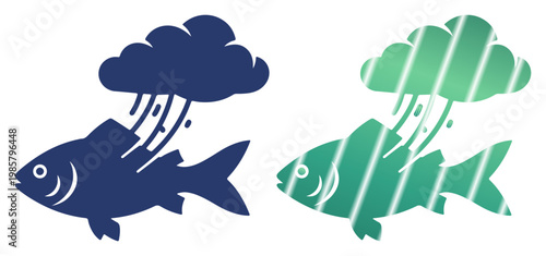 Stylized fish experiencing a rain cloud, symbolizing weather or a concept.
