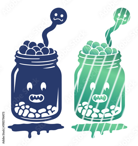 Two cute cartoon jars with faces and quirky expressions, one blue and one green.