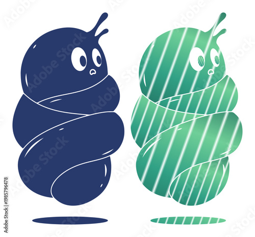 Two whimsical cartoon caterpillars with surprised expressions, one solid blue and the other striped green, floating slightly above the ground.