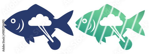 Two stylized fish icons, one dark blue and one green, each with a cloud and rain symbol inside.