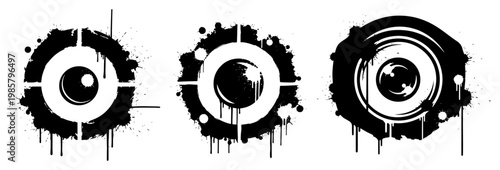Target and eye iris circular icons in ink splatter grunge style
